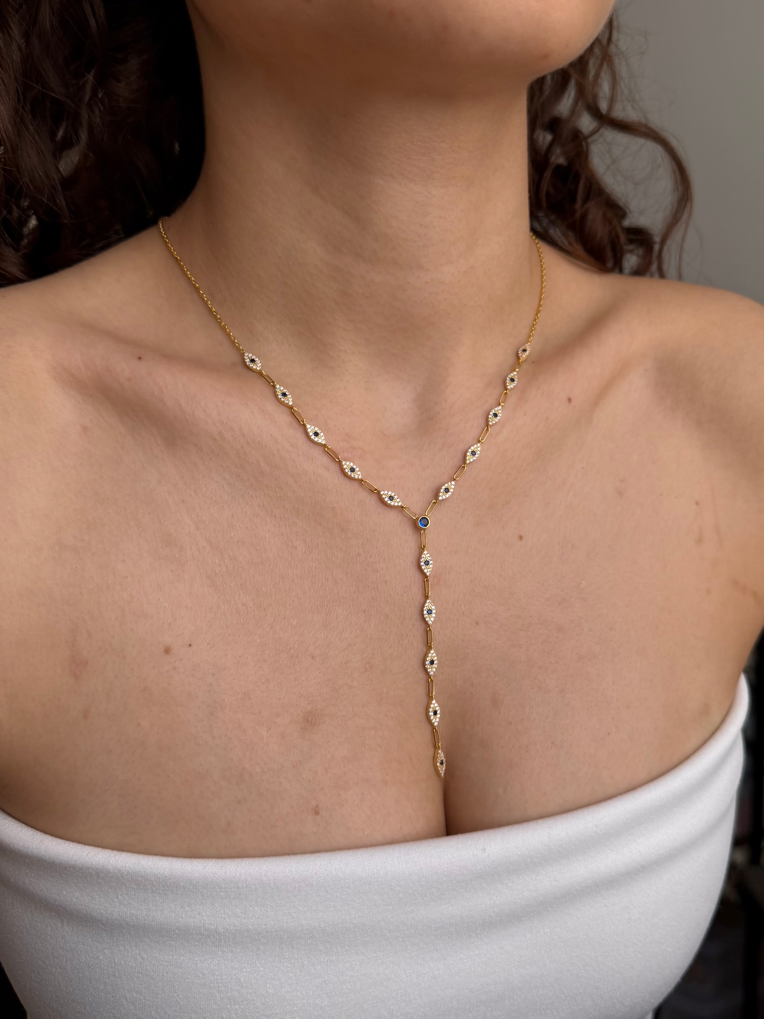 925 Gümüş Taşlı Mavi Göz Y Kolye