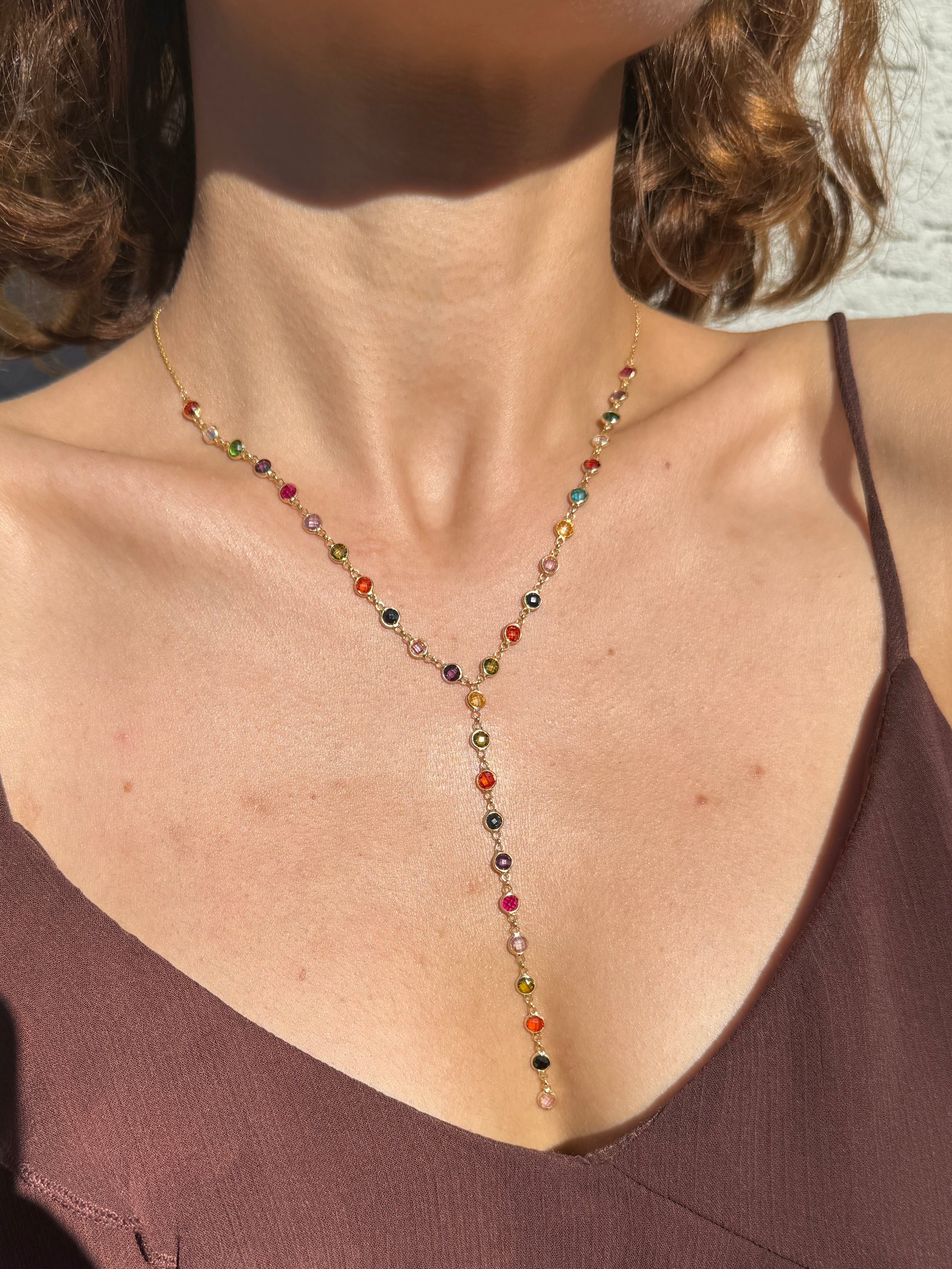 925 Gümüş Yuvarlak Renkli Taş Y Kolye