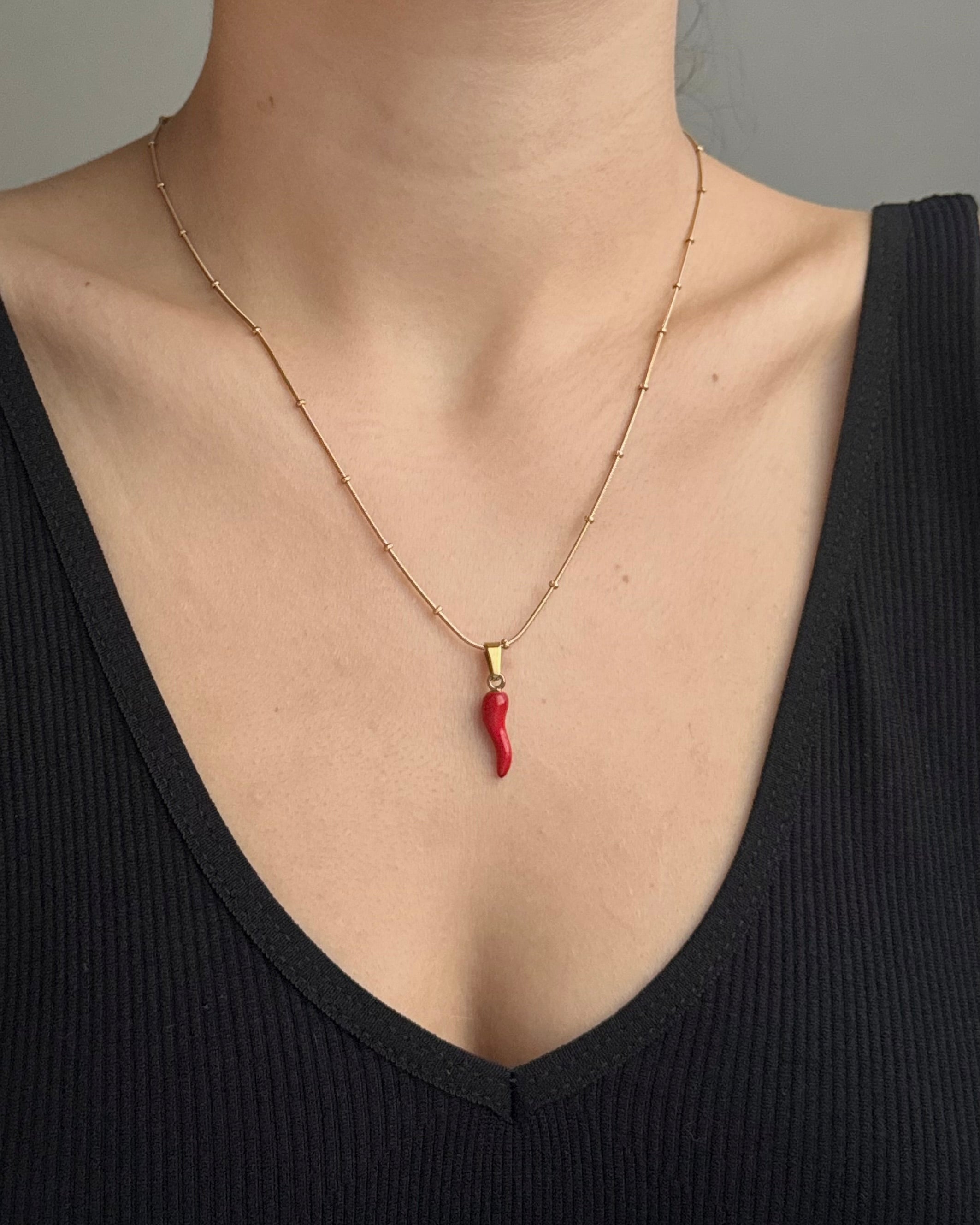 Çelik | Kırmızı Şans Biberi Kolye