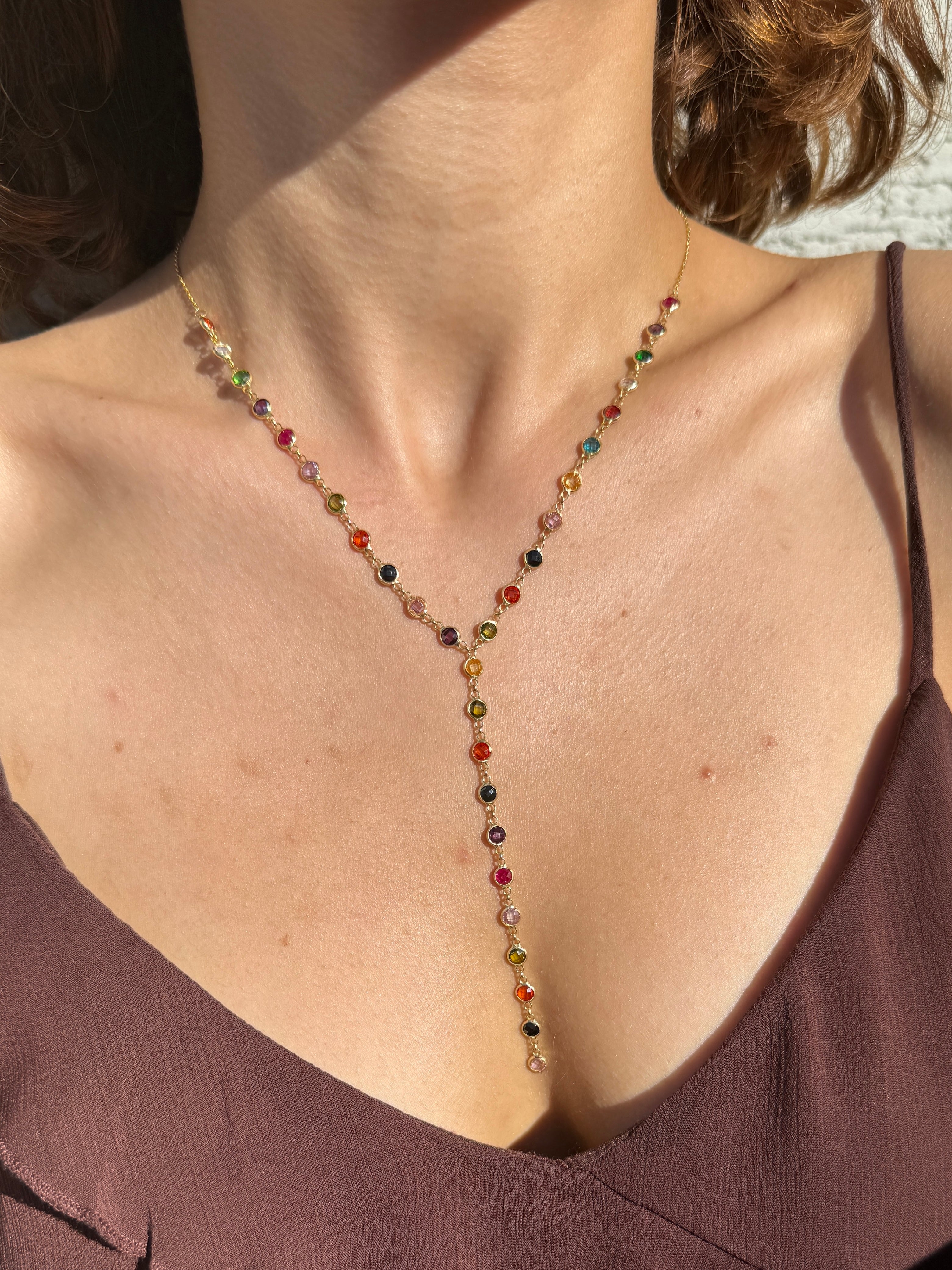 925 Gümüş Yuvarlak Renkli Taş Y Kolye