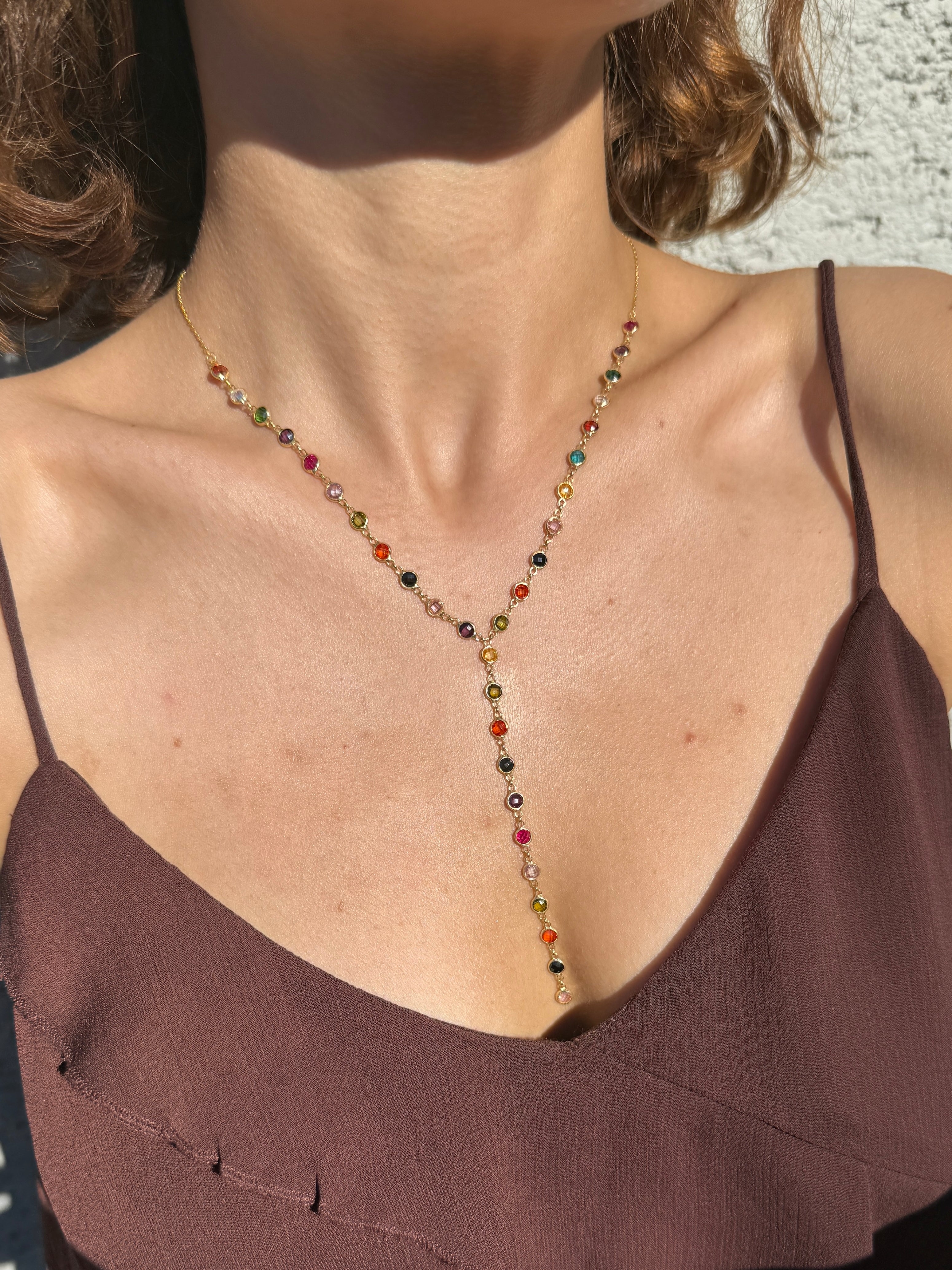 925 Gümüş Yuvarlak Renkli Taş Y Kolye