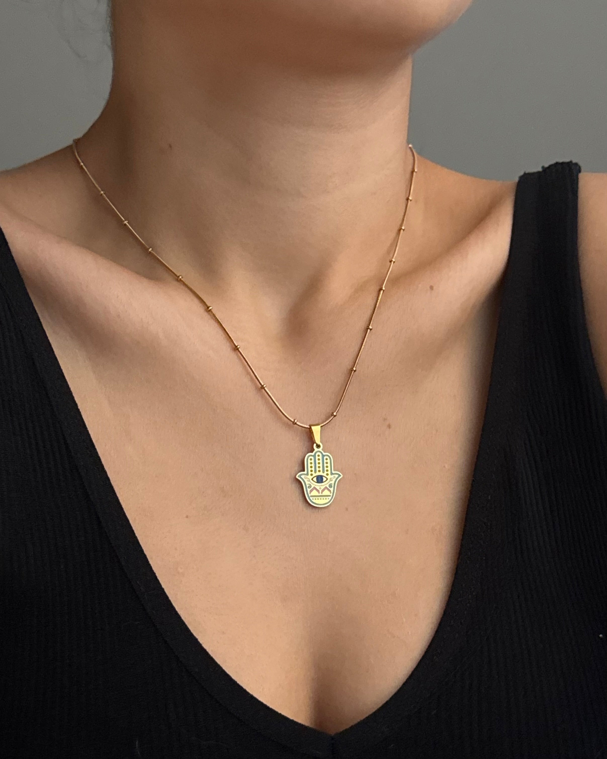Çelik | Mineli Hamsa Kolye