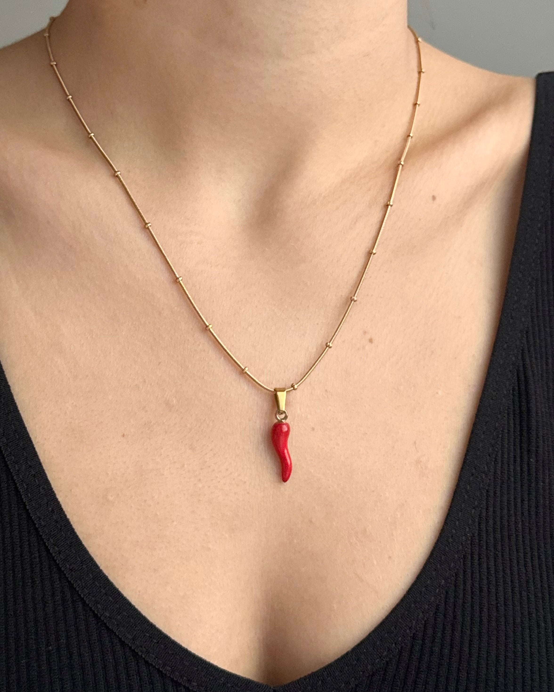 Çelik | Kırmızı Şans Biberi Kolye