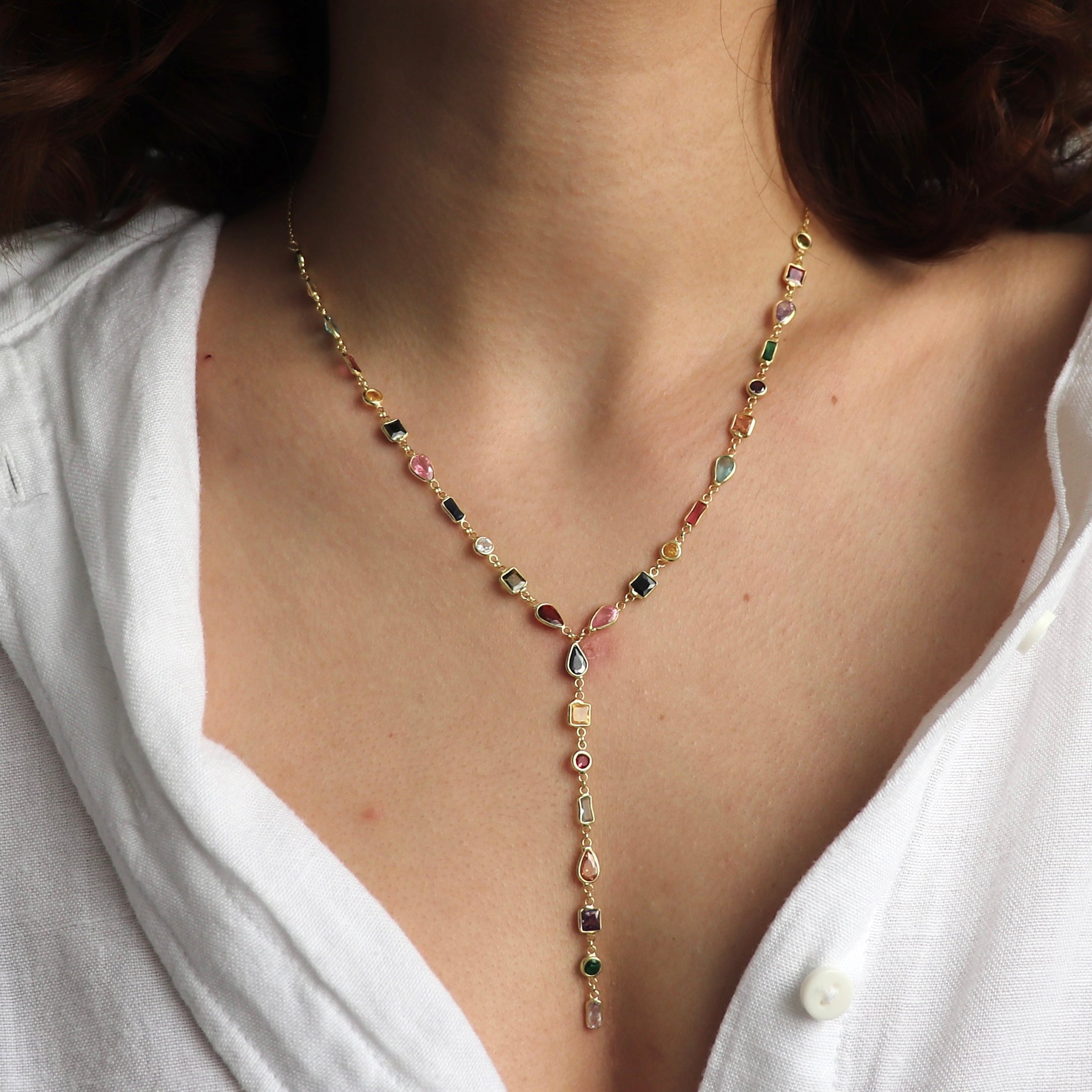 925 Gümüş Asimetrik Renkli Taş Y Kolye