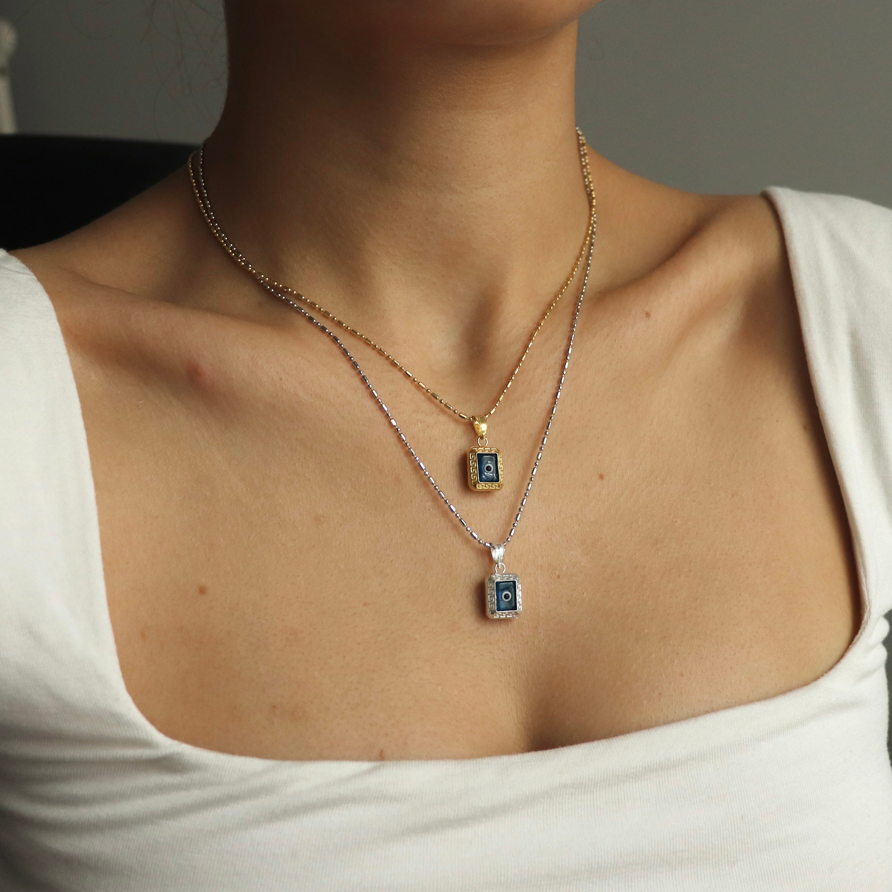 925 Gümüş Dörtgen Motif Nazar Kolye