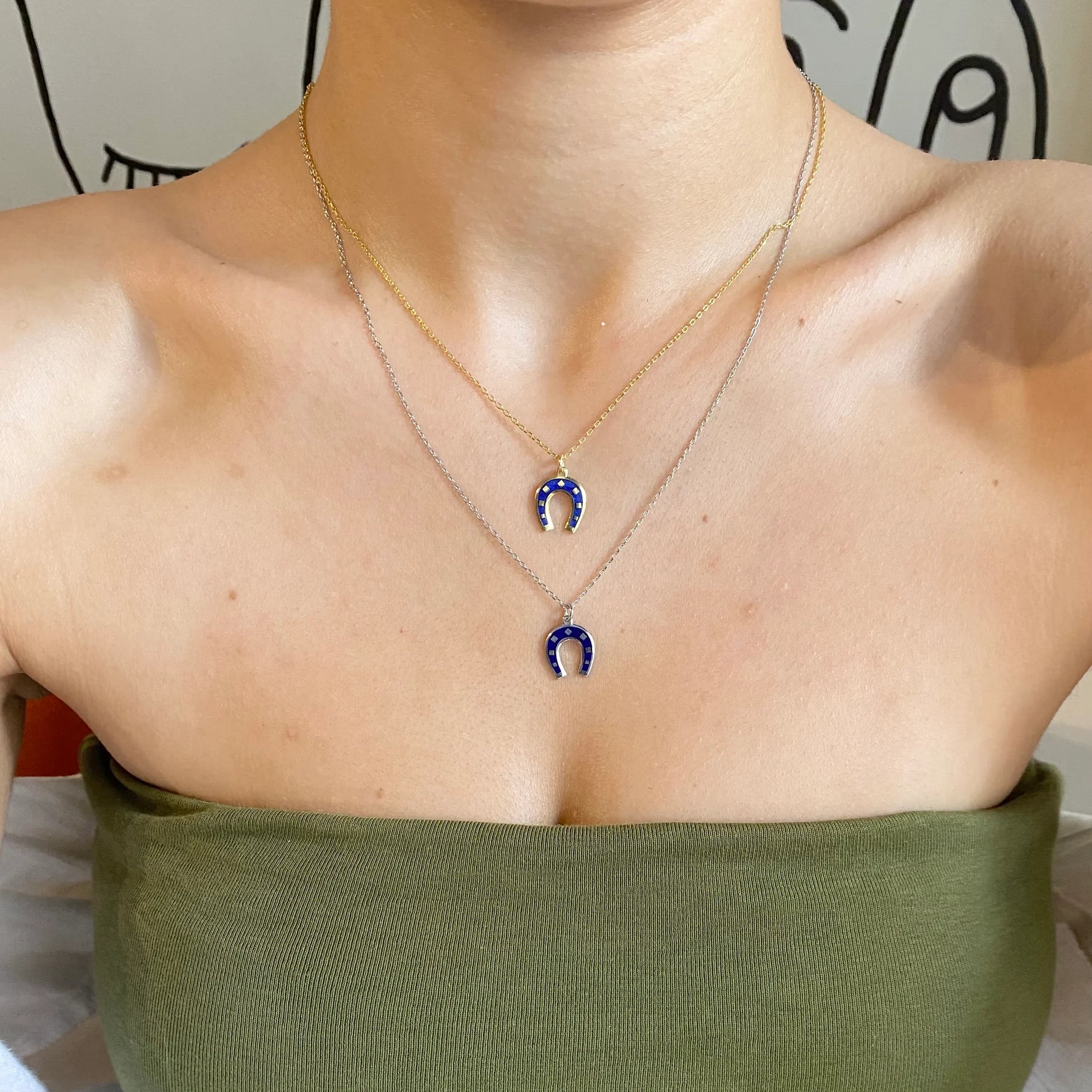 925 Ayar Gümüş Lacivert Mineli Nal Kolye