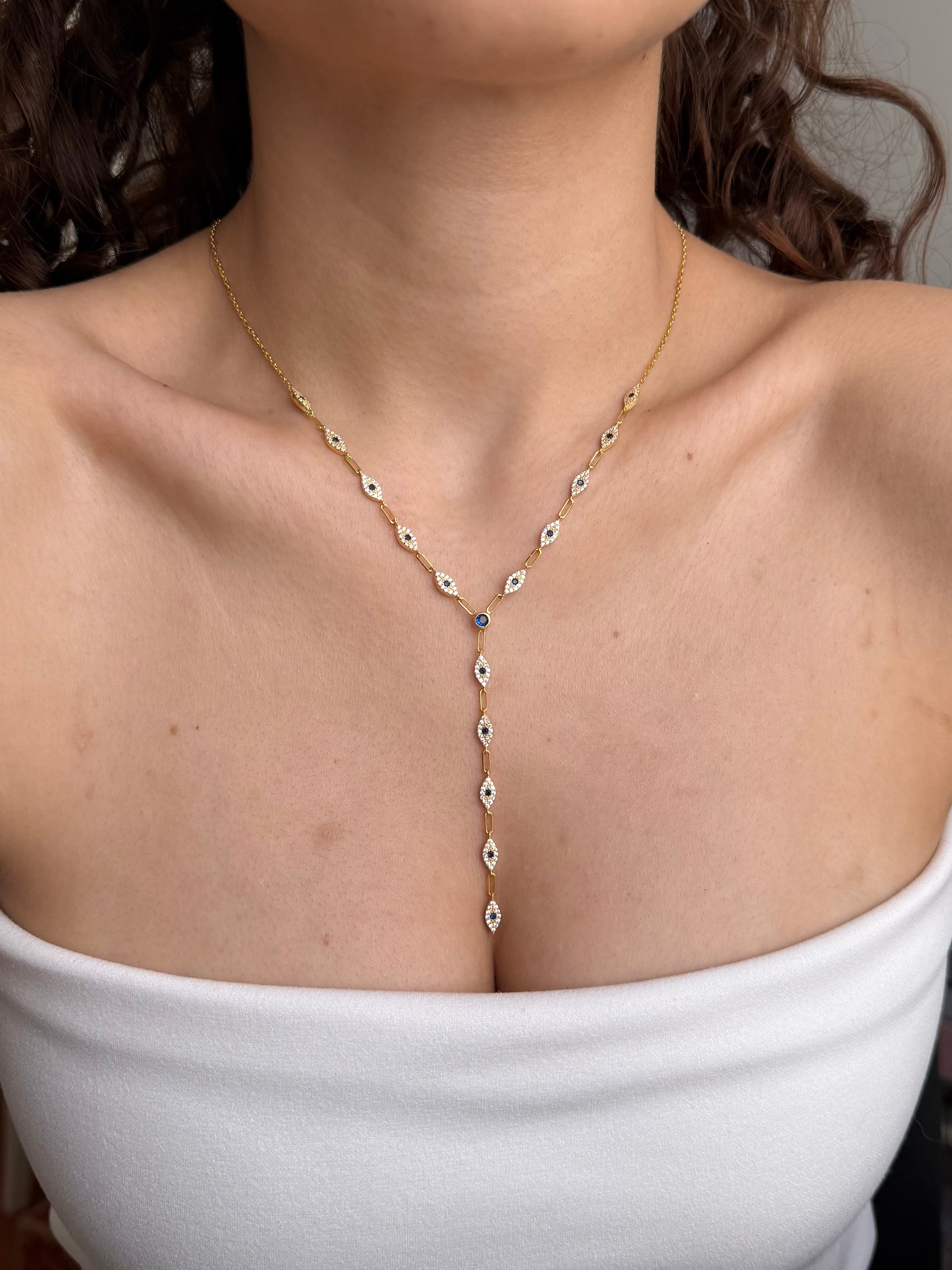 925 Gümüş Taşlı Mavi Göz Y Kolye