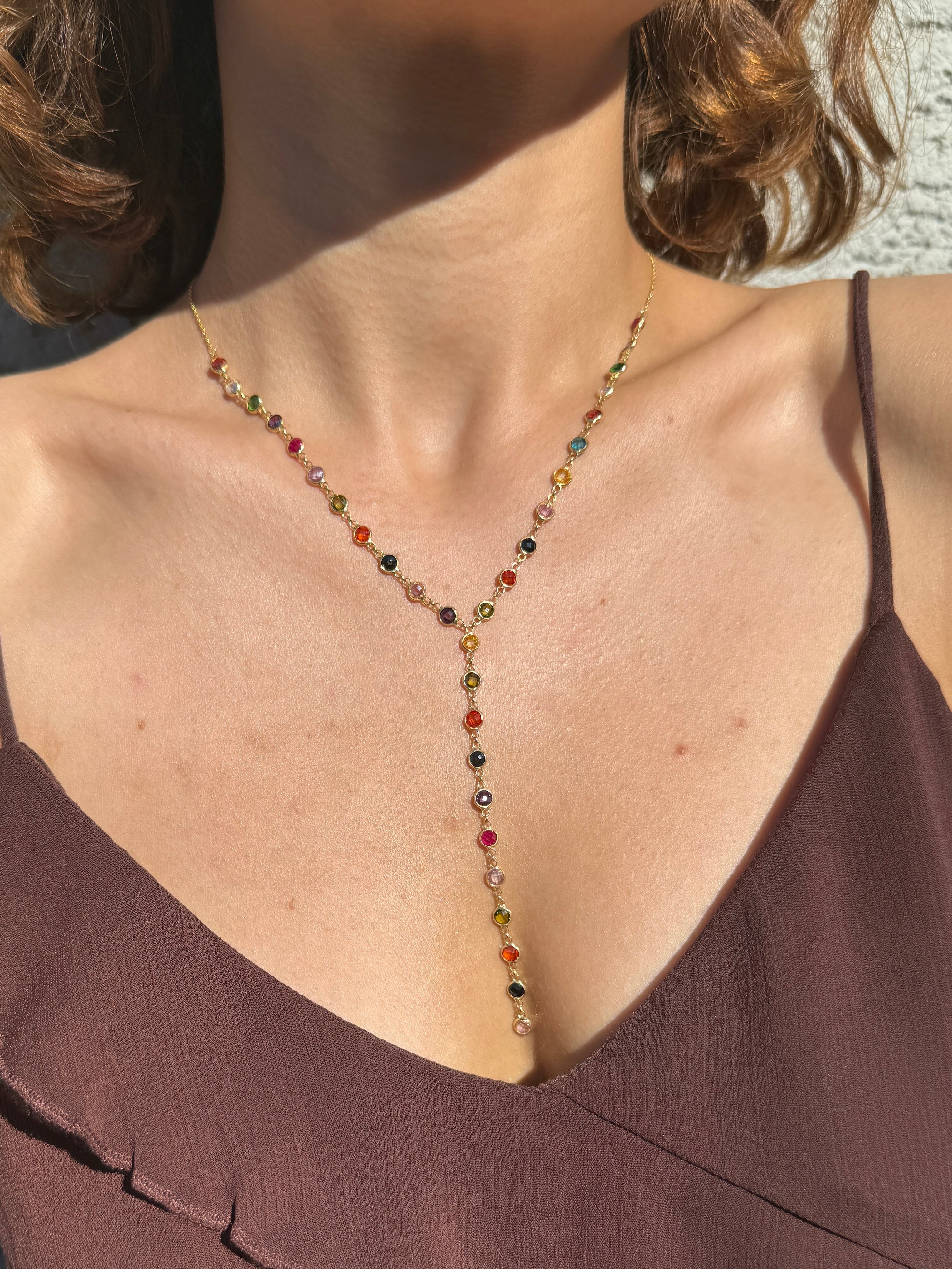 925 Gümüş Yuvarlak Renkli Taş Y Kolye