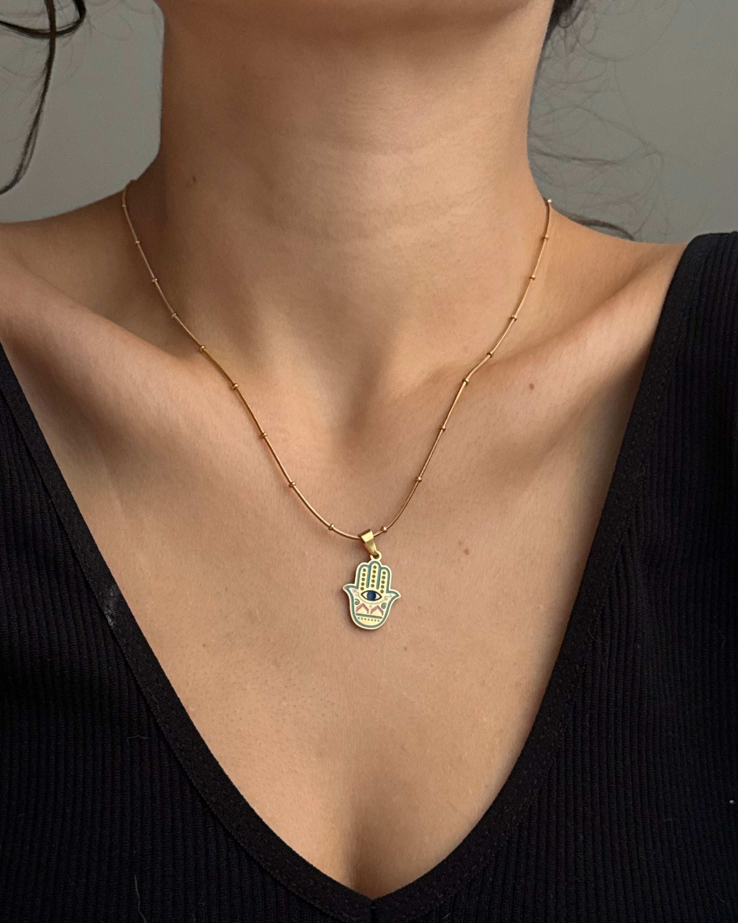 Çelik | Mineli Hamsa Kolye