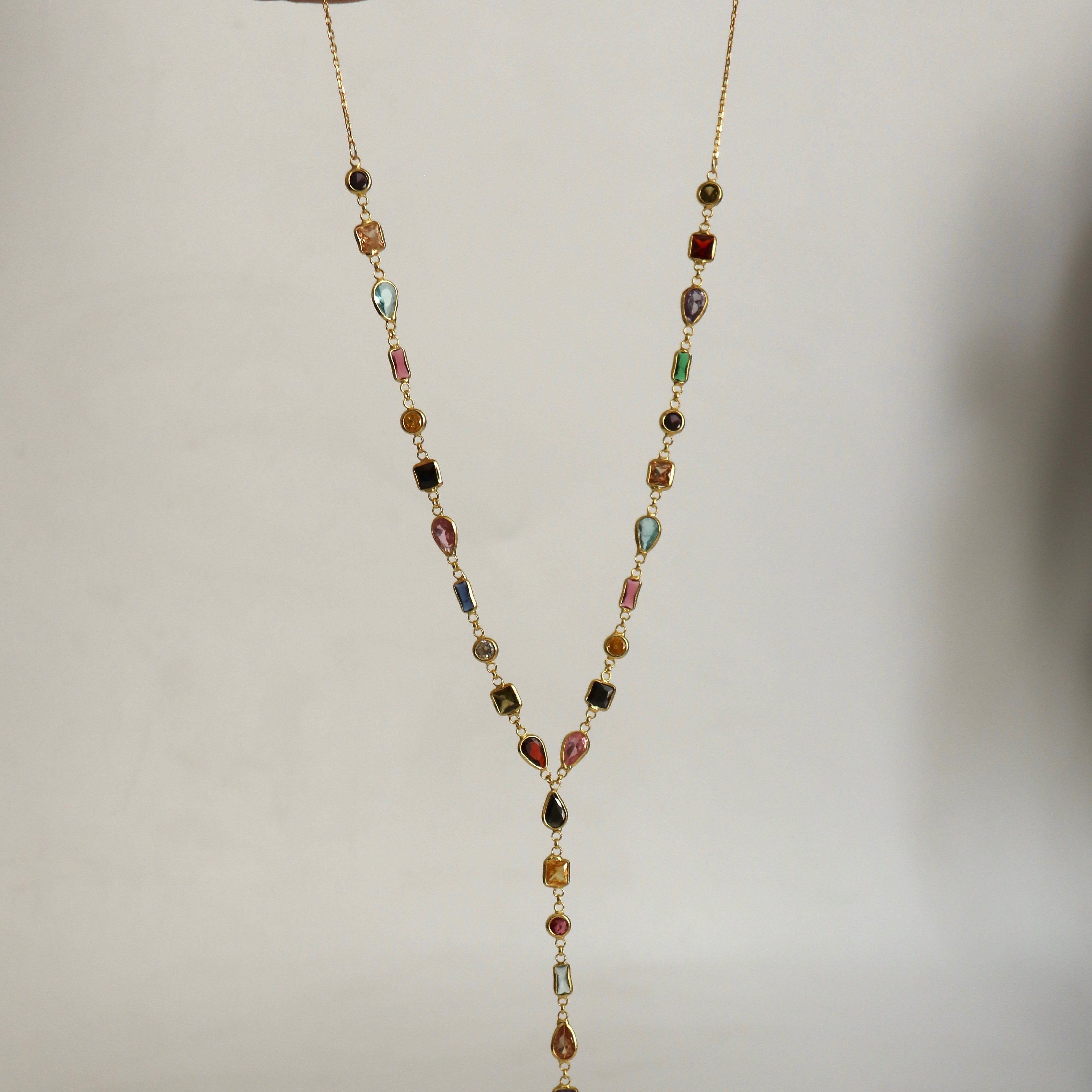 925 Gümüş Asimetrik Renkli Taş Y Kolye