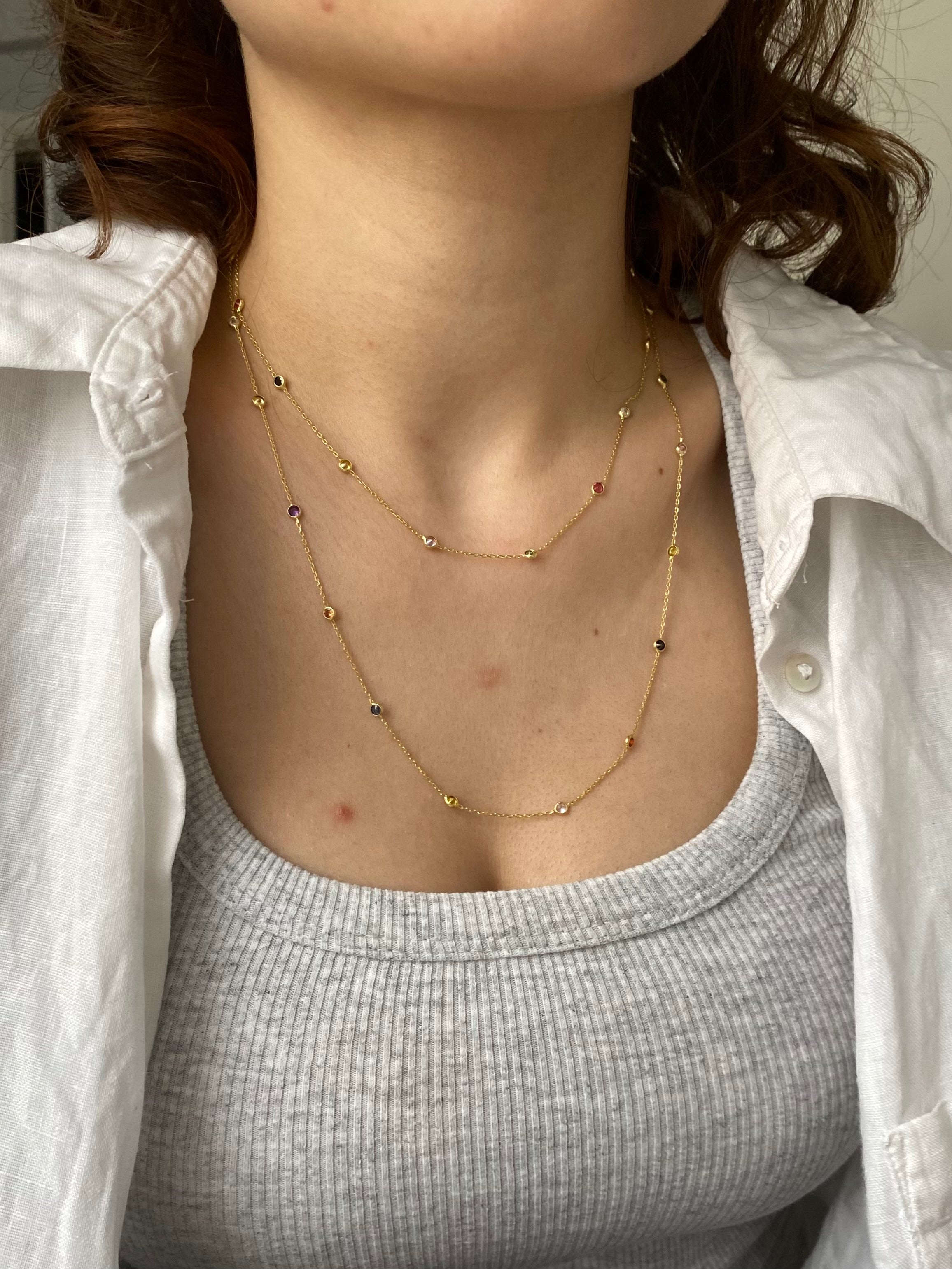 925 Ayar Gümüş Uzun Renkli Taşlı Kolye