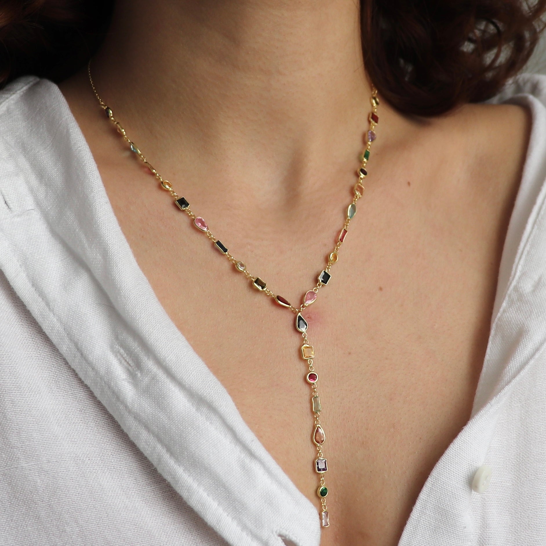 925 Gümüş Asimetrik Renkli Taş Y Kolye