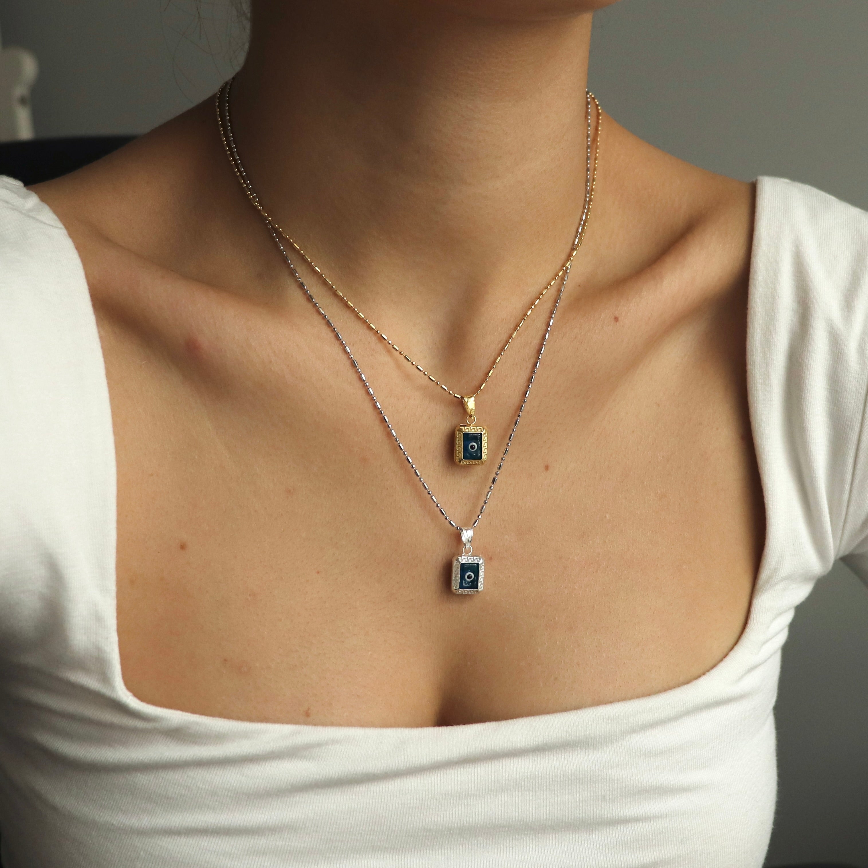 925 Gümüş Dörtgen Motif Nazar Kolye