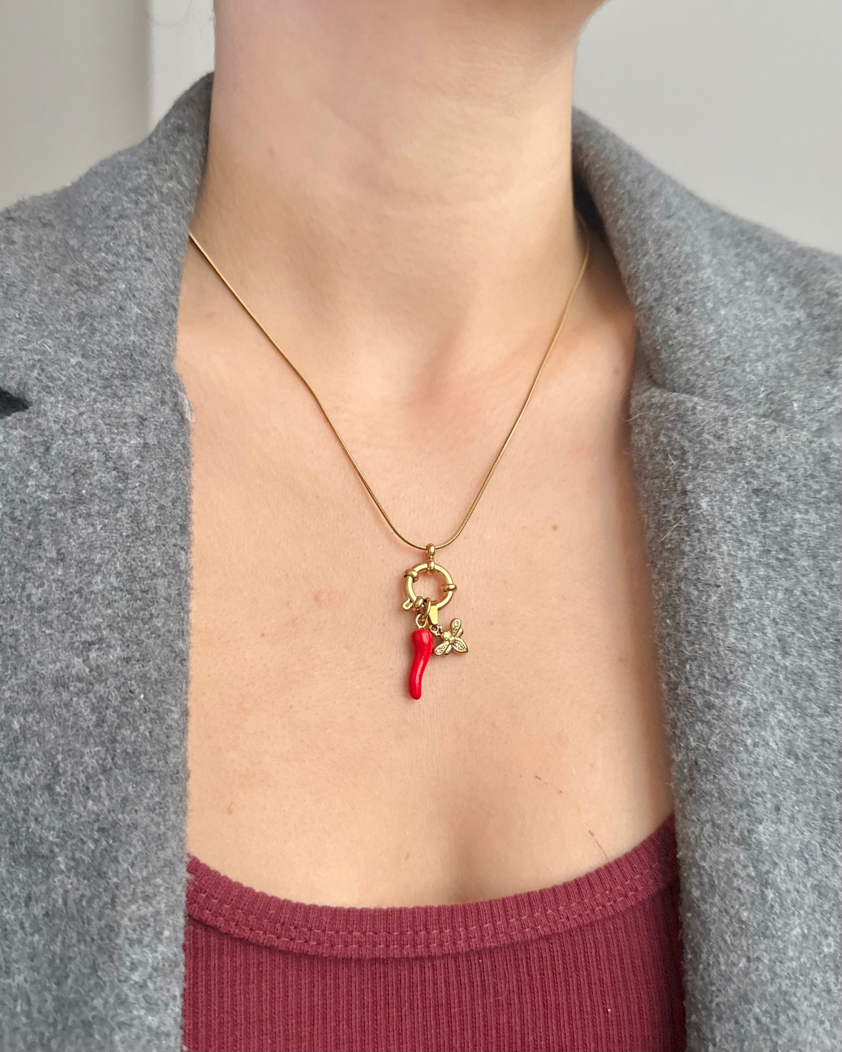 Çelik | Biber & Arı Charm Şans Kolyesi